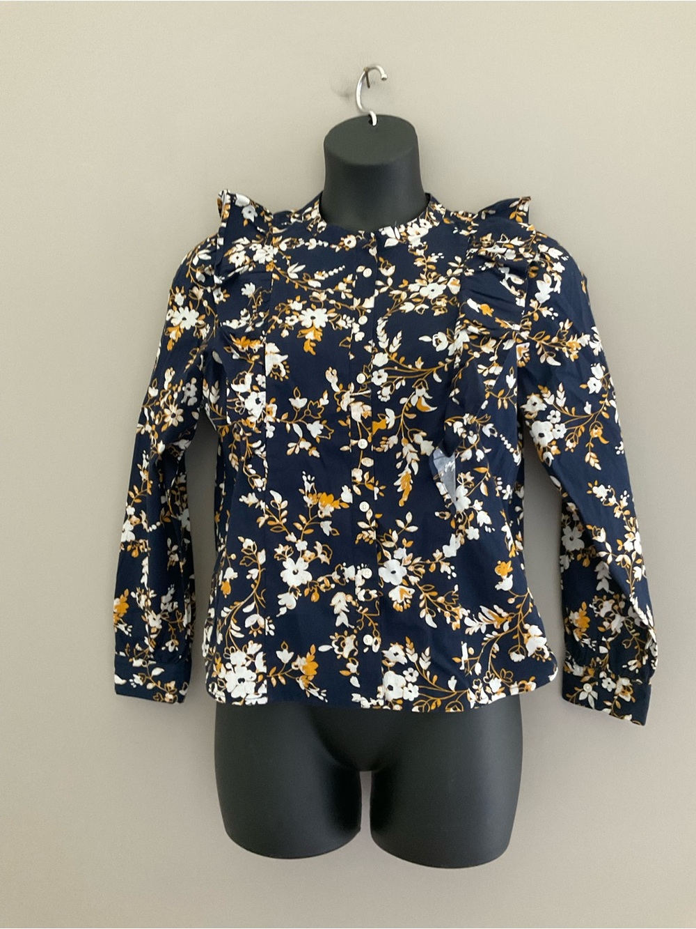 J. Crew, Navy Blue & Gold, Floral, Blouse